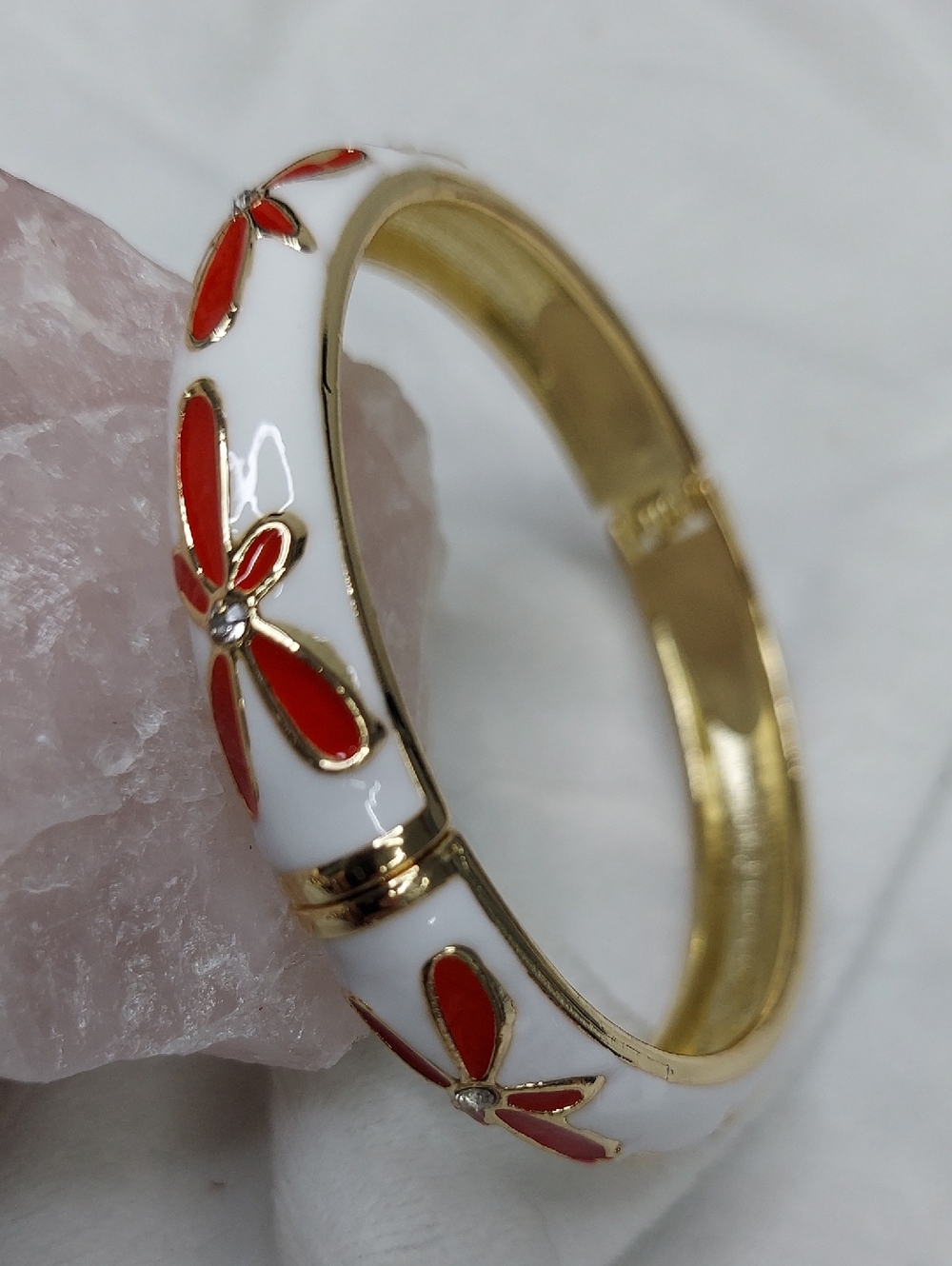 Gold-Tone White & Red Floral Enamel Bangle Bracelet
